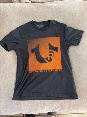 Men's True Religion Black Orange Graphic Short Sleeve T-Shirt Size L